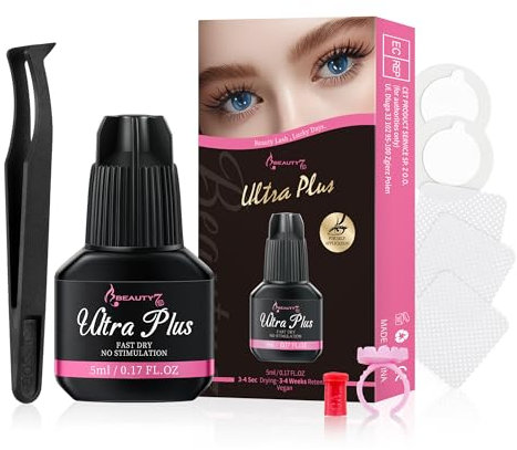 Beauty7 Pegamento para Extensiones de Pestañas con Pinza, Pegamento Cluster Lash Ultra Plus para Extensiones de Pestañas Adhesivo de Secado Rápido de Larga Duración DIY Pestañas Individuales 5ml