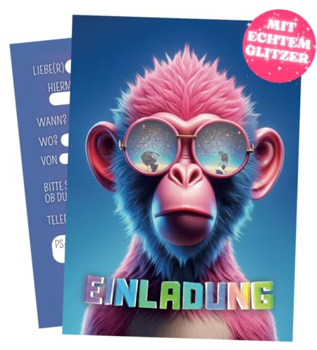 PRINTNOVIA GLITZER Affe Einladungskarten für Kindergeburtstag & Party (12 Stück) - Coole Einladung für Feiern & Kinderfestlichkeiten - Perfektes Einladungsset mit Glitzerspaß