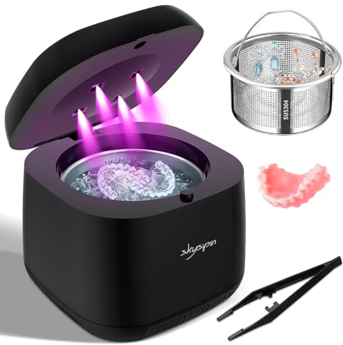 Skysipin Ultrasonic Retainer Cleaner Machine U-V, 45KHz 2 Modes Quiet, Denture Aligner Cleaner Mouth Guard Dental Cleaning Ultrasonic for All Dental Appliances, Jewelry 6.8oz Black