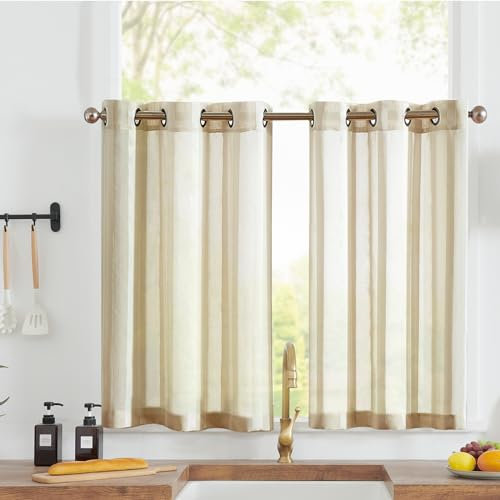 Vangao Voile Scheibengardinen Modern mit Ösen Streifen Transparent Beige Bistrogadine 2er Set 90Bx90Hcm Landhaus Gardinen kurz Gestreift Sheer Fenstervorhang Wohnzimmer Wohnwagen Küchengardinen