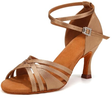 YCALCP Kvinnor Flickor Damer Ballroom Latin Tango Dansskor Klackade Salsa Latin Dans Öppna Tå Skor,L3049-Brun-7.5cm,EU 37.5