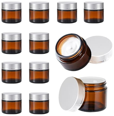 Vasetti Vetro Ambrato, 12 Pezzi Barattoli Cosmetici, 10ml Contenitore in Vetro Marrone, Barattoli per Crema, Vasetti da Viaggio Ricaricabili, Per Cosmetici, Creme, Lozioni, Oli Essenziali(Argento)