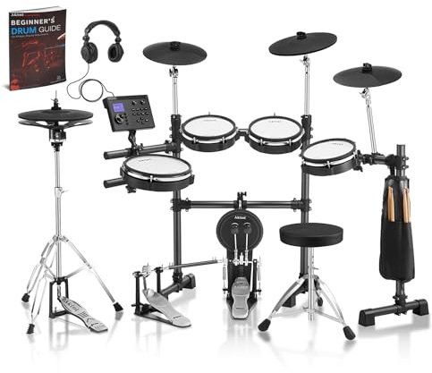 AKLOT Expanded-Size Electric Drum Set: 12'' Two-Piece Standalone Hi-Hat, Independent Kick Drum and 10'' Dual-Zone Snare, 12'' Triple-Zone Ride Cymbal, All Mesh Heads, 460 Sounds, Double Pedal, Black