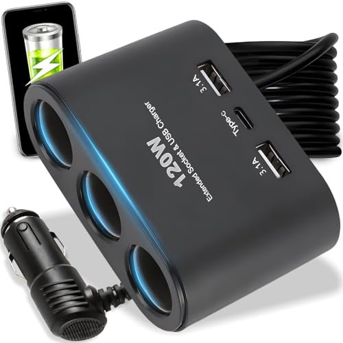Retoo Distributore accendisigari a 3 scomparti, caricatore da auto con 2 USB 1 tipo C, adattatore con cavo splitter, presa 12 V, 24 V, 120 W, Power Delivery Quick Charge per auto, camion, camper, nero