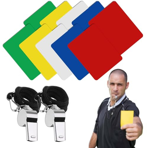 Juego de tarjetas de árbitro, 2 juegos de tarjetas de árbitro y 2 silbatos de acero inoxidable, kit de árbitro de fútbol, incluye tarjetas rojas, amarillas, blancas, verdes y azules, para fútbol