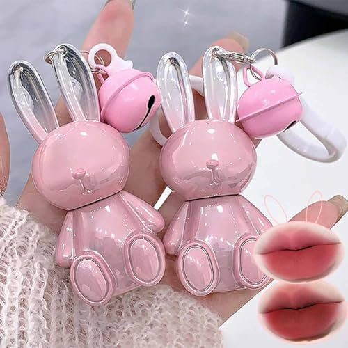 Baorder 2Pcs Velvet Matte Lip Gloss Set,Cute Pink Rabbit Lip Glaze 2 in 1 Key Chain Liquid Lipstick,Non-Stick Cup Long Lasting Waterproof Bunny Lip Stain,Cute Lip Makeup für Mädchen