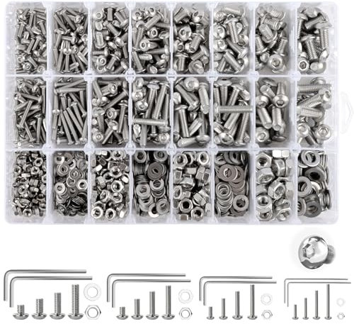 Lot de 1280 vis filetées M3 M4 M5 M6 en acier inoxydable 304 à tête bombée à six pans creux avec écrous, rondelles et clés Allen