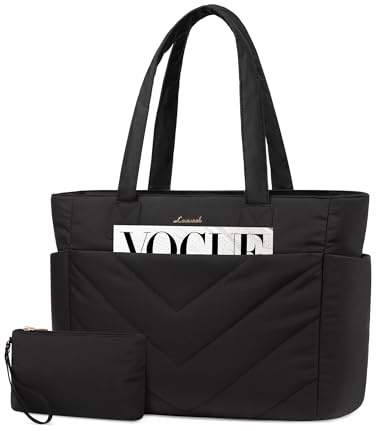 LOVEVOOK Tote Bags for Women, Lightweight Puffer Work Handbag with Zip, Large Totes Bag with 15.6 Inch Laptop Compartment, Ladies Teacher Shoulder Hand Bag for School Uni Travel, Black