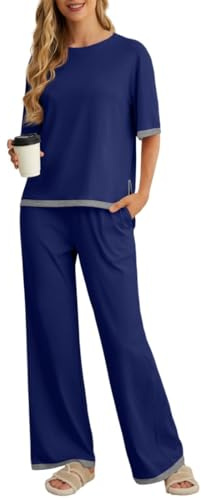 PrinStory Pyjamas för kvinnor, kortärmad pyjamasöverdel långa pyjamasbyxor tvådelad, Marinblå, XL