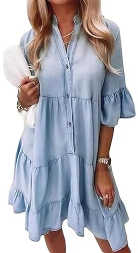 XUANXUANQZ Alltoright-jeansklänning, sommarklänning med volanger och V-ringning, lätt denimlook, tvättad bomull, medellånga ärmar, Ljusblå, S