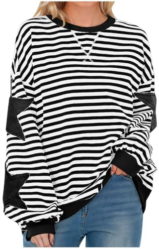 Zeiayuas Oversized Sweatshirt for Women Striped Star Pullover Tops Drop Shoulder Long Sleeve Sweatshirts Y2k Top Loose Fit Casual Blouses Pullovers Baggy Lightweight Tops Spring Fall Blouse