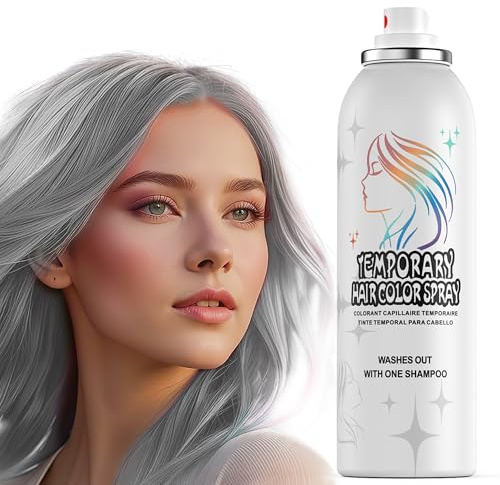 Spray de color temporal para el cabello, 150 ml, spray instantáneo para el cabello gris plateado para adultos y niños, lavable y antiadherente, fórmula suave, gris, Halloween, cosplay, fiesta de