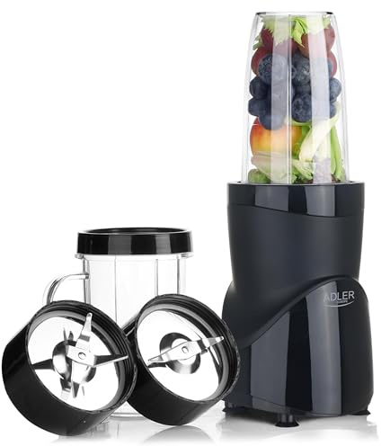 ADLER EUROPE Standmixer, Smoothie- und Cocktailmixer, Personal Blender, Eiscrusher, 1200 W, BPA-frei, 3 Flaschen und ein Becher, Edelstahlklingen mit 4 und 2 Klingen
