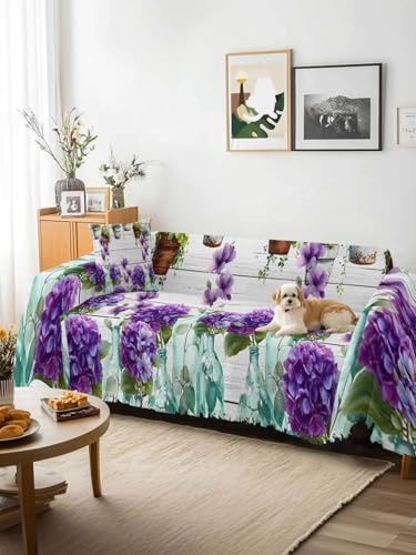 Spring Purple Flowers Sofa Cover Blanket Couch Covers for Armchair Cushion,Couch Sofa Silpcover with Tassel,Botanical Vases Pots Floral Wooden Living Room Throw Towel Blanket Covers XX-L 71x150