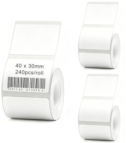Gansdnek 3 Rollos Etiquetas Adhesivas Térmicas, 40 x 30 mm Rollo de Etiquetas Adhesivas, 240 Etiquetas/Rollo, Etiquetas Térmicas Impermeables para Escuela, Hogar, Oficina