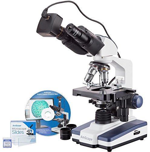 AmScope 40X-2500X LED Binocular Compound Microscope with 50pc Blank Slides and 10MP Camera