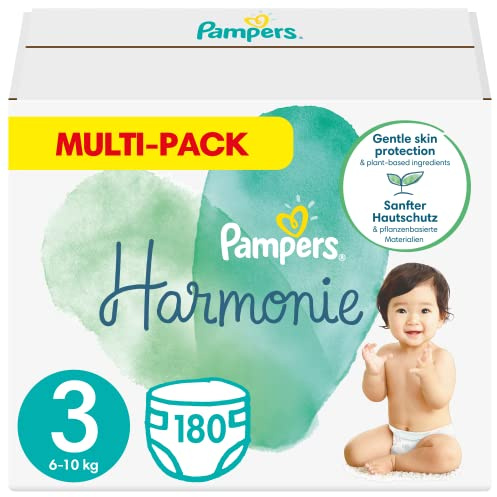 Pampers Blöjor storlek 3 (6-10 kg), harmoni, 180 blöjor, 1 månadspaket, 0 % kompromiss, 100 % absorption, vegetabiliska ingredienser, allergivänliga
