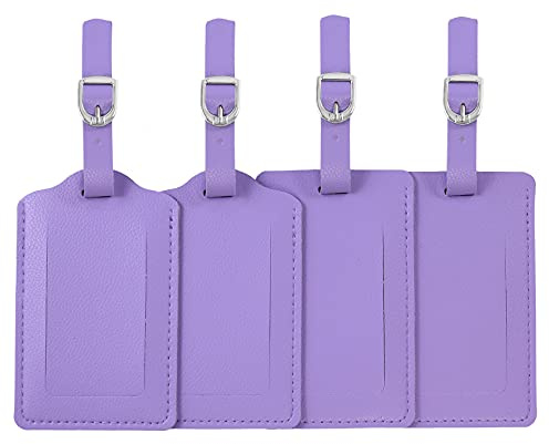 Vigorport Luggage Tags, 4 Pack Leather Luggage Tags, Privacy Protection Travel Bag Suitcase Labels Suitcase Tags (Purple)