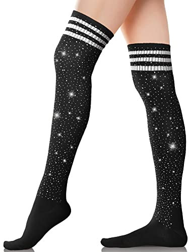 SATINIOR Calzini Sopra il Ginocchio con Strass da Donna (Nero, Bianco, Stile a Righe)