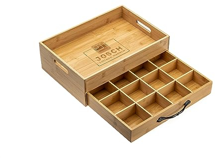Josch Einfach machen Teebox mit Tablett - Bambus - 12 Aufbewahrungsfächer für Teebeutel - Geschenkidee für jung und alt - Zu jederzeit eine Gute Idee