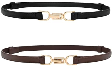 KEYRI 2er-Pack Damen Ledergürtel Schmaler Taillengürtel Verstellbarer Dünner Gürtel mit Gold Metallschnalle Mode Skinny Taillengürtel Dekorativen Gürtel für Jeans Kleider Mantel (Schwarz+Braun)