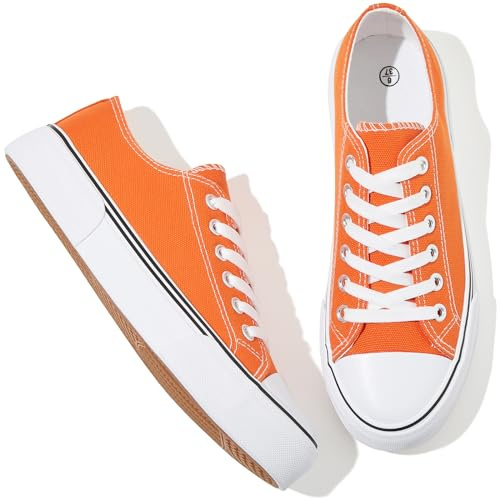 Adokoo Canvas Tennis Shoes for Women Low Top Casual White Black Sneakers for Women Lace Up Fashion Comfortable Walking Shoes (Orange,9)