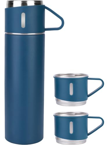 Vacuum Insulated Water Bottles, 500ml/17.6oz Stainless Steel Travel Mug with 3 Covers, Water Bottle & Cool Water Bottle Cup Set for Water Coffee Tea (Blue)