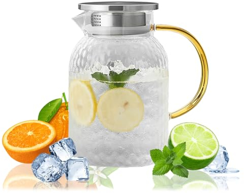GmeDhc Glaskaraffe mit Deckel aus Edelstahl, Wasserkaraffe 1.3L mit Abnehmbarem Deckel, Heiß und Kaltgetränke Klarglas Wasserkrug Karaffe, Glaskaraffe für Tee Cafe Limonade Milchsaft