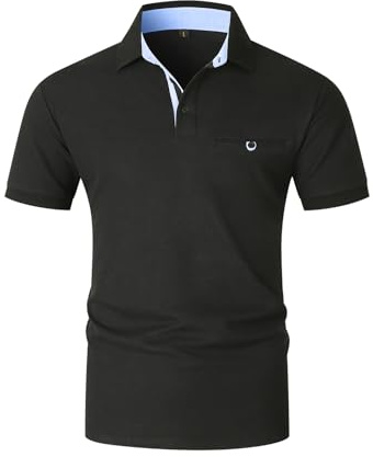 VMSUCIJ Polo Herr Kortärmad av Bomull Elegant Casual Slim Sport Polo med Ficka, Svart 1, XL