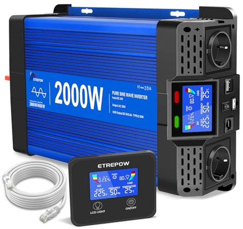 ETREPOW 2000W/4000W 24V Auf 230V Reiner Sinus Wechselrichter mit Fernbedienung, 2 EU Steckdosen, 2 USB+Tycp-C Anschlüssen, geeignet für Haushaltsgeräte, Wohnmobile, Camping Spannungswandler