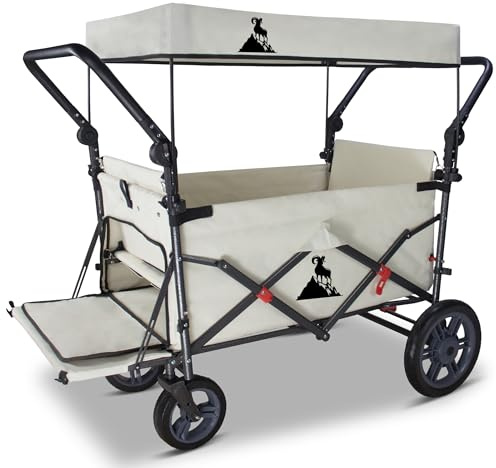 TOPWELL Carro plegable con 2 asientos, carro de mano plegable con techo, cinturones de seguridad y freno, carro de transporte con alta estabilidad (120 kg de capacidad de carga) (beige)