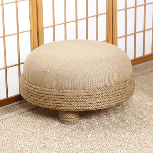 Puf otomano de cuerda de cáñamo, pequeño taburete redondo con patas de madera maciza, tejido a mano, silla de piso para sala de estar, dormitorio, entrada (42 x 42 x 23 cm, cuero)