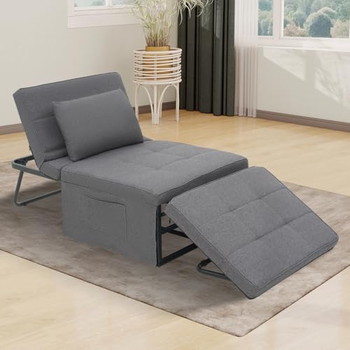 SJGUOJI Convertible Sofa Bed, 34 Width Convertible Sleeper Chair, 4 in 1 Multi-Function Folding Bed With 5-Level Adjustable Backrest, Linen Chaise for Living Room Apartment Office, Light Grey