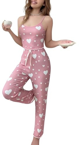 Gatamiau Women’s 2 Pieces Heart Print Pajama Set Sleeveless Cami Top + High Waist Pants, Comfortable Trousers Pjs Set Soft Loungewear Cute Sleepwear Set (UK, Alpha, S, Regular, Regular, Pink+White)