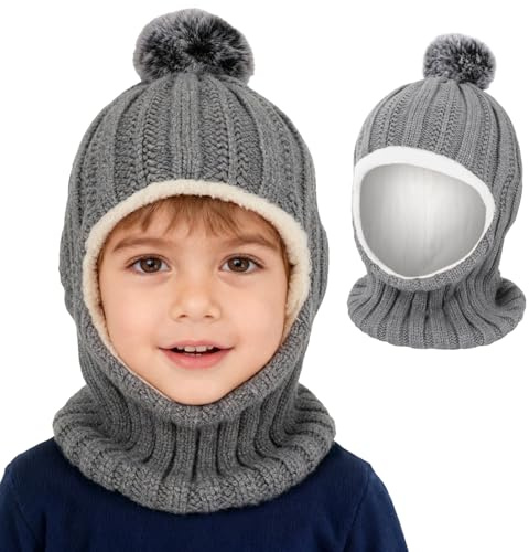 QKURT 1 Bonnet Cagoule d'hiver pour Enfant, Bonnet Cagoule épais pour Tout-Petit, Chapeaux tricoté Chaud, écharpe, Cache-Cou, Doublure Polaire Thermique, Chapeaux tricoté, Boule Moelleuse, 2-6 Ans
