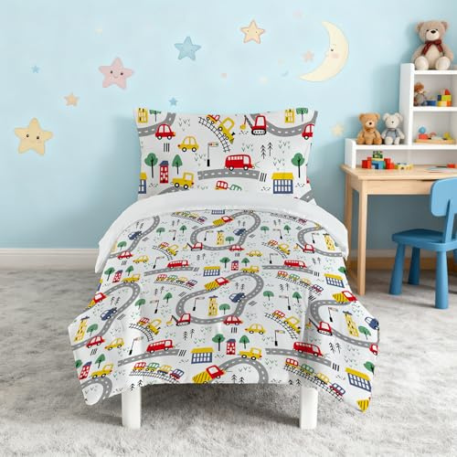 Snugoria Cot Bed Duvet Cover Set for Boys, Construction Diggers Toddler Bedding Set for Junior/Toddler/Cot, Cartoon Pattern Quilt Cover 120×150 cm and Pillowcase 40x60 cm
