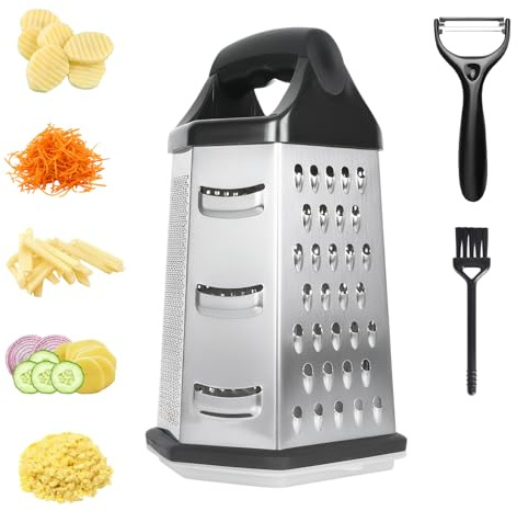 6 Facce Kitchen Grattugia con Contenitore, Grattugia Multiuso in Acciaio Inox con Pelapatate e Spazzola per Pulizia, Grattugie Formaggio, Grattugie Verdure con Base Antiscivolo