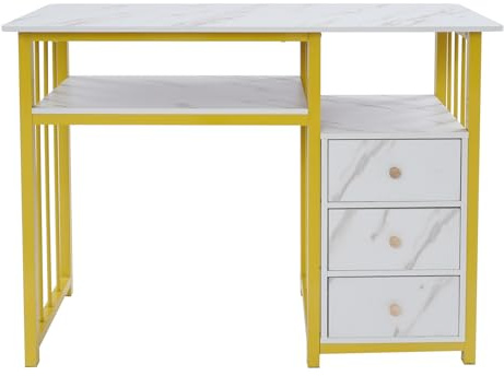 Tenddya Tavolo per manicure marmorizzato con 3 cassetti, 100 cm, con cornice dorata, moderna per salone e casa, facile da montare, grande superficie di lavoro
