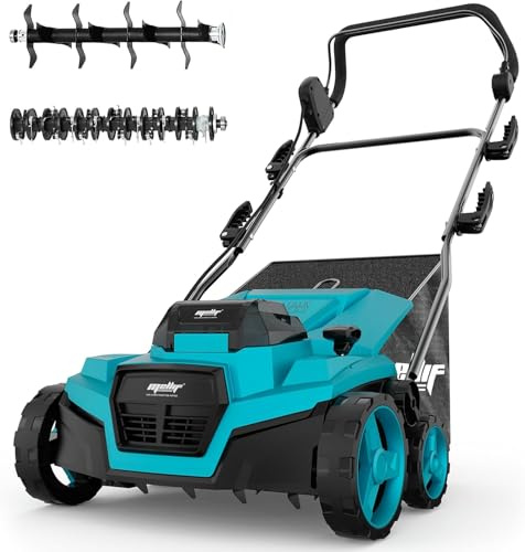 Escarificador inalámbrico de 36 V sin escobillas de 15 pulgadas y desarmador compatible con batería Makita de 18 V (solo herramienta), bolsa de colección de 12 galones, tecnología Air Boost, plegado