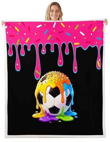 Loussiesd Manta de forro polar de fútbol para niños, mujeres y hombres, manta de felpa mullida para helado, goteo, salpicaduras, doble 60 x 79 pulgadas, para cama, sofá, silla, sala de estar