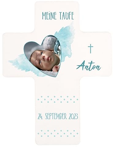 Striefchen® modernes Kinderkreuz zur Taufe mit dem Namen des Kindes und Datum Foto Jungen