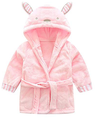 Baby Boys Girls Bathrobe Cute Cartoon Animal Hooded Towels Infant Wrap Towel Blanket Soft Dressing Gown Sleepwear Homewear Bath Rope Pajamas Best Gift for Kids 1-5 Years Pink