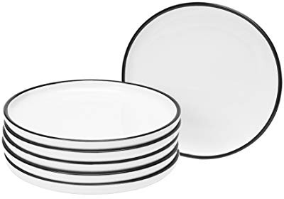 BonNoces 6-inch Small Porcelain Appetizer Plates, White with Black Edges Dinner Side Dishes Serving Plate, Dessert, Salad, Snacks Plate, Set of 6