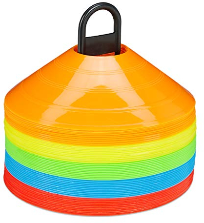 Relaxdays Markierungshütchen 50er Set, 5 Farben, Trainingshütchen für Fußball & Handball, mit Halter, Sporthütchen, bunt