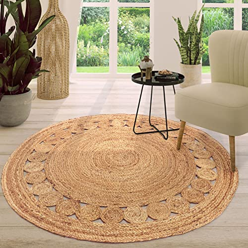 TT Home Jute Teppich Rund Wohnzimmer Esszimmer Boho Modern Handgemacht Mit Umrandung, Farbe: Natur 2, Größe:100 cm Rund