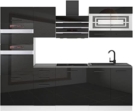 Belini Küchenzeile Küchenblock Tracy - Küchenmöbel 240 cm Einbauküche Vollausstattung ohne Elektrogeräten mit Hängeschränke und Unterschränke, mit Arbeitsplatten, Schwarz Hochglanz
