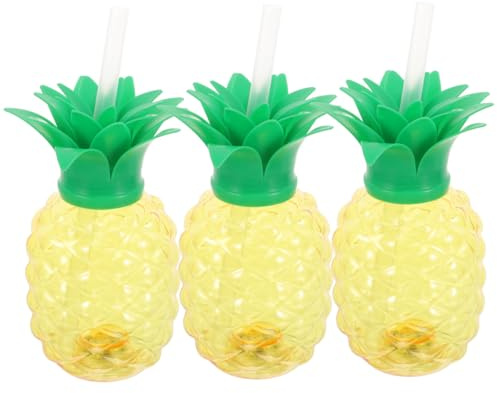 BESTonZON 3PCS Pineapple Cups, 500ML LED Light up Pineapple Cups with Straw and Lid, Hawaiian Fruit Shaped Shaped, Tropical Sippy Cup Glass Water for Beach Summer Party