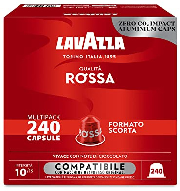 Lavazza, Qualità Rossa, 240 Capsule di Caffè in Alluminio Compatibili con Macchine Nespresso* Original, con Note di Cioccolato e Frutta Secca, Arabica e Robusta, Intensità 10/13, Tostatura Media