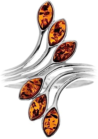 SilverAmber Jewellery - Anillo de diseño de plata de ley 925 y ámbar báltico - M464, K, Piedra preciosa., Ámbar