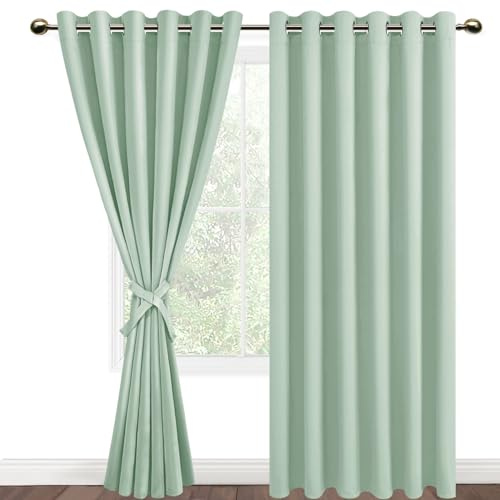 DWCN Blackout Curtains 90 x 90 Inch with Tiebacks for Bedroom Thermal Insulated Solid Eyelet Curtains for Living Room,2 Panels,90 Wide x 90 Drop Bean Green